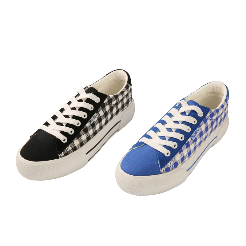 Round Toe Men Low Top Canvas Shoes Grid Checkerboard Vulcanized Canvas Flat Shoes Sneakers