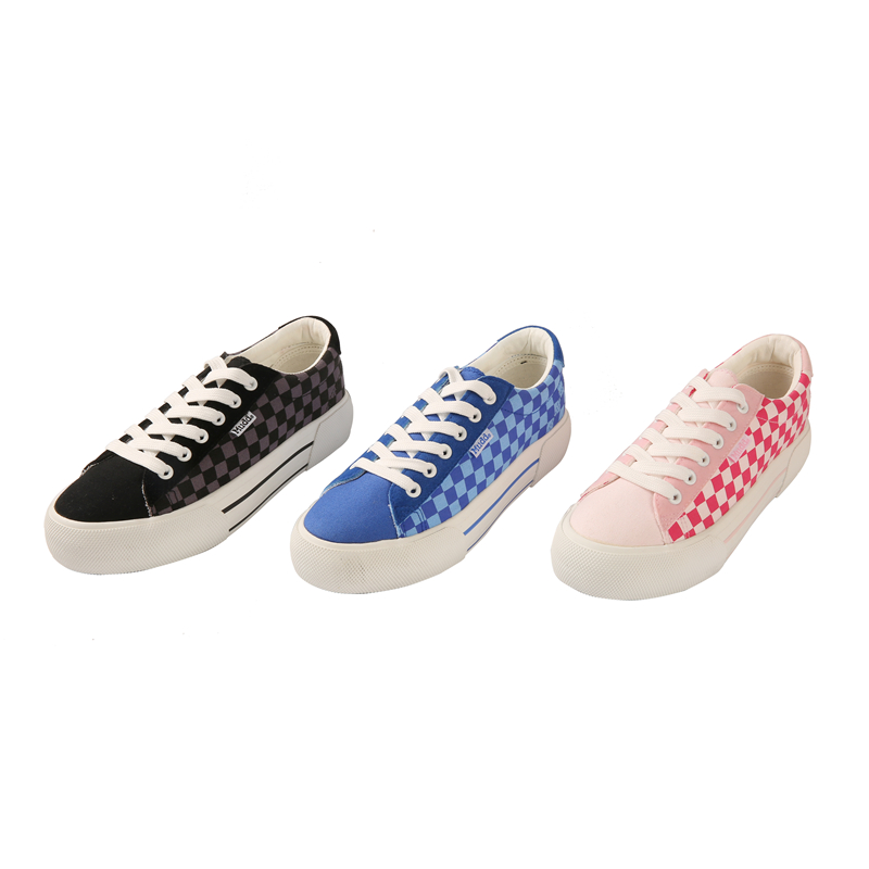Round Toe Men Low Top Lace Up Canvas Shoes Grid Checkerboard Mens Vulcanized Flat Shoes
