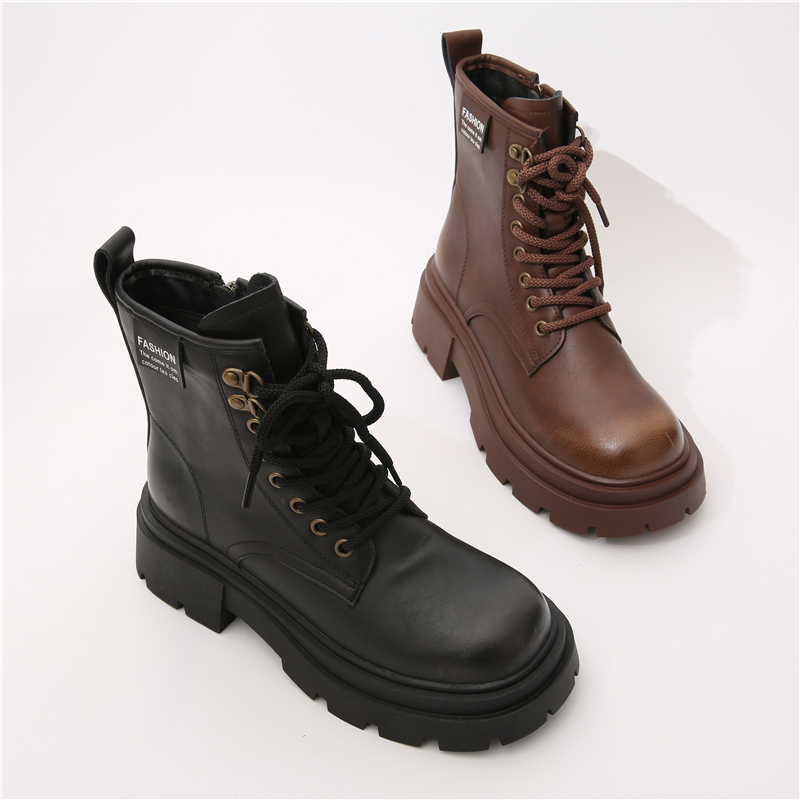 British Style Luxury Round Toe Thick-Soled Women Ankle Boots Martin Boots with Lace-Up