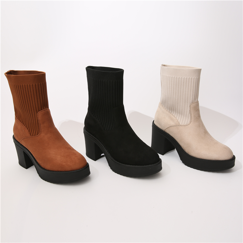 2024 New Style Solid Color Knit Women Thick Heel Boots Ankle Walking Martin Boots for Ladies