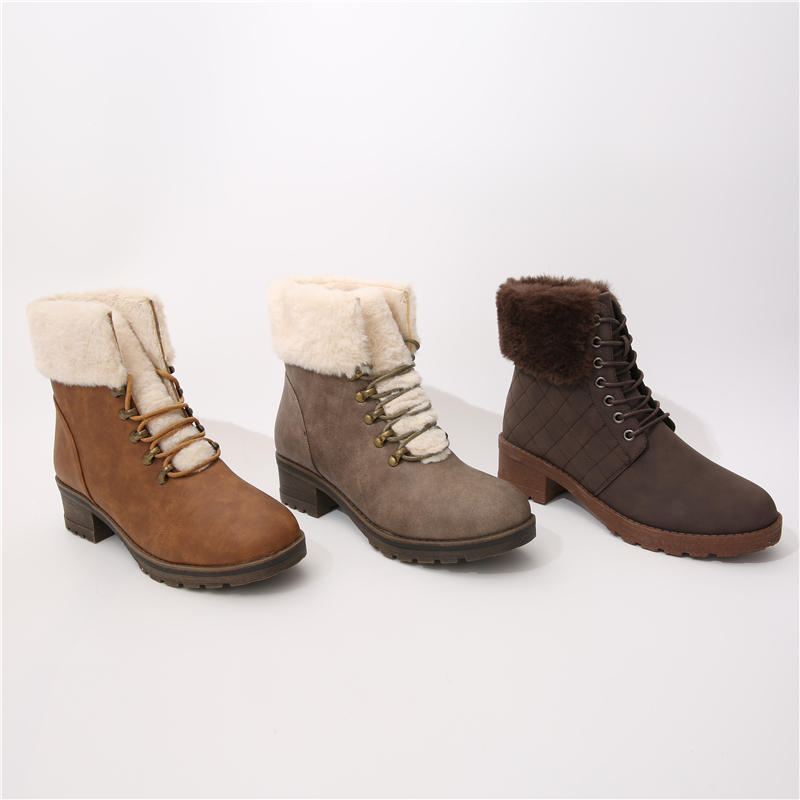 Solid Color Customizable Winter Chunky Heel Thickening Snow Boots Lace-Up Women Shoes